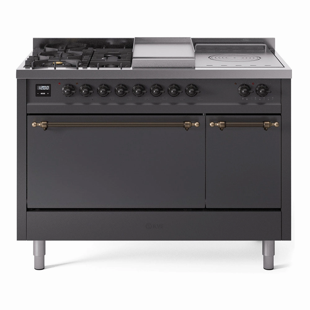 Ilve UP48FSQNMPMGB Nostalgie Ii 48 Inch Dual Fuel Natural Gas Freestanding Range In Matte Graphite With Bronze Trim Freestanding Ranges freestanding dual fuel range 30 inch