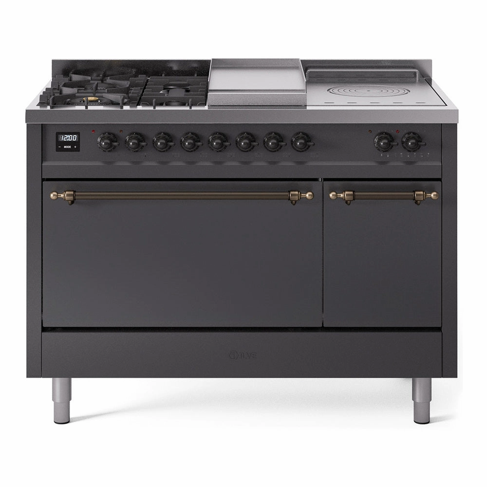 Ilve UP48FSQNMPMGBLP Nostalgie Ii 48 Inch Dual Fuel Liquid Propane Freestanding Range In Matte Graphite With Bronze Trim Freestanding Ranges freestanding dual fuel range 30 inch