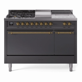 Ilve UP48FSQNMPMGGLP Nostalgie Ii 48 Inch Dual Fuel Liquid Propane Freestanding Range In Matte Graphite With Brass Trim Freestanding Ranges freestanding dual fuel range 30 inch