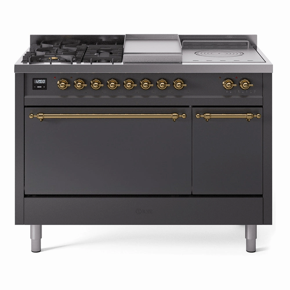 Ilve UP48FSQNMPMGGLP Nostalgie Ii 48 Inch Dual Fuel Liquid Propane Freestanding Range In Matte Graphite With Brass Trim Freestanding Ranges freestanding dual fuel range 30 inch