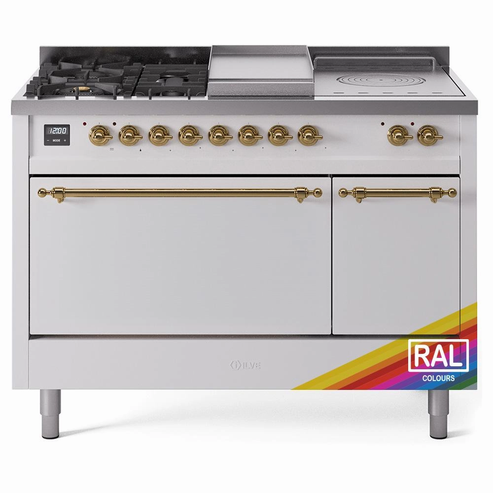 Ilve UP48FSQNMPRAG Ilve Nostalgie Ii 48 Up48Fsqnmprag Freestanding Dual Fuel Range With 5 Sealed Burners And French Top Double Oven With Solid Door In Ral Color With Brass Knobs Freestanding Ranges freestanding dual fuel range 30 inch