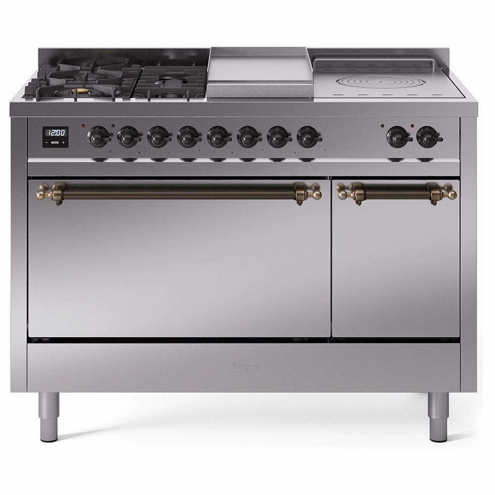 Ilve UP48FSQNMPSSBLP Ilve Nostalgie Ii 48 Up48Fsqnmpssb Freestanding Dual Fuel Range With 5 Sealed Burners And French Top Double Oven With Solid Door In Stainless Steel With Bronze Knobs Freestanding Ranges freestanding dual fuel range 30 inch