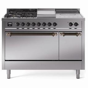 Ilve UP48FSQNMPSSBLP Ilve Nostalgie Ii 48 Up48Fsqnmpssb Freestanding Dual Fuel Range With 5 Sealed Burners And French Top Double Oven With Solid Door In Stainless Steel With Bronze Knobs Freestanding Ranges freestanding dual fuel range 30 inch