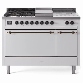 Ilve UP48FSQNMPWHBLP Ilve Nostalgie Ii 48 Up48Fsqnmpwhb Freestanding Dual Fuel Range With 5 Sealed Burners And French Top Double Oven With Solid Door In White With Bronze Knobs Freestanding Ranges freestanding dual fuel range 30 inch