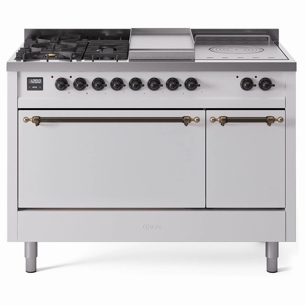 Ilve UP48FSQNMPWHBLP Ilve Nostalgie Ii 48 Up48Fsqnmpwhb Freestanding Dual Fuel Range With 5 Sealed Burners And French Top Double Oven With Solid Door In White With Bronze Knobs Freestanding Ranges freestanding dual fuel range 30 inch