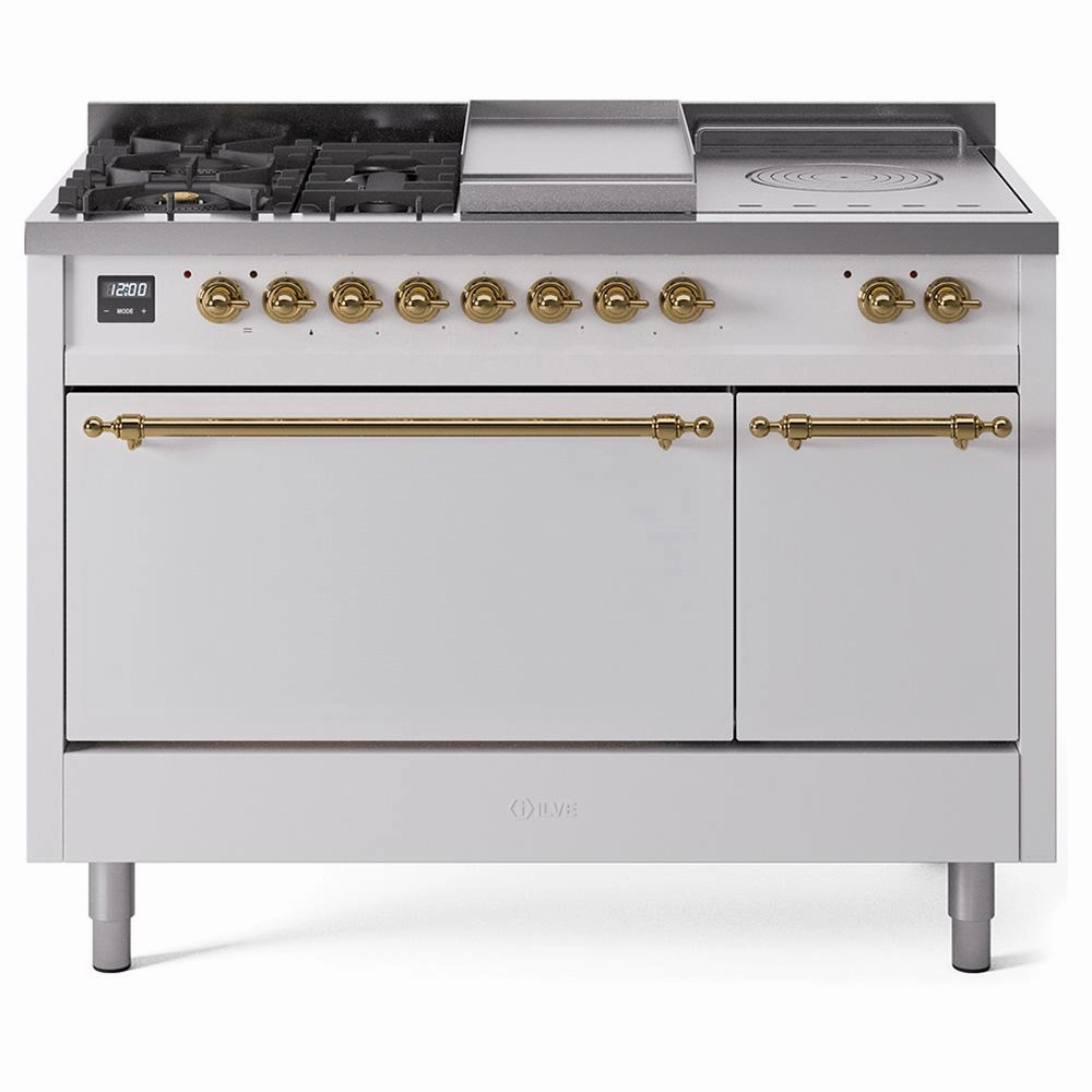 Ilve UP48FSQNMPWHGLP Ilve Nostalgie Ii 48 Up48Fsqnmpwhg Freestanding Dual Fuel Range With 5 Sealed Burners And French Top Double Oven With Solid Door In White With Brass Knobs Freestanding Ranges freestanding dual fuel range 30 inch