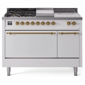 Ilve UP48FSQNMPWHGLP Ilve Nostalgie Ii 48 Up48Fsqnmpwhg Freestanding Dual Fuel Range With 5 Sealed Burners And French Top Double Oven With Solid Door In White With Brass Knobs Freestanding Ranges freestanding dual fuel range 30 inch