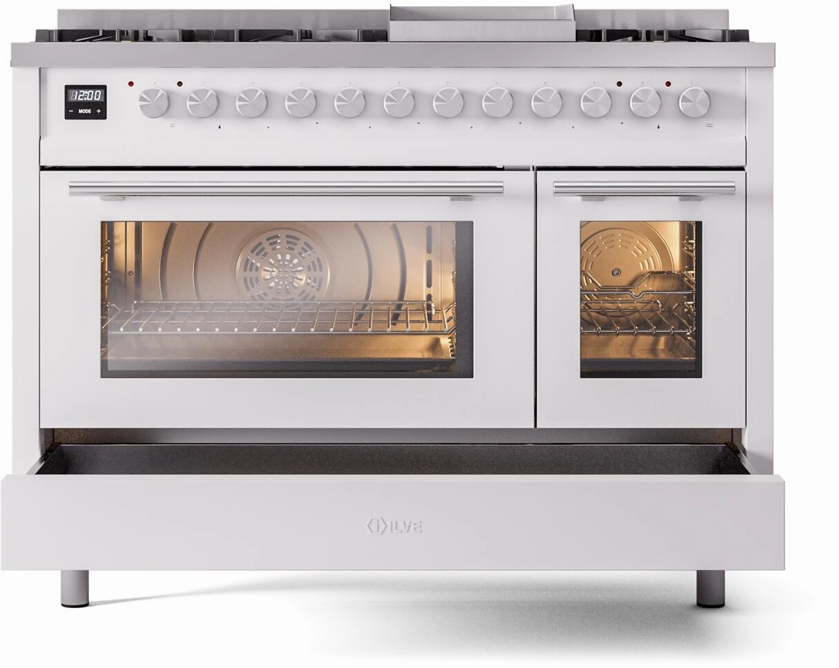 Ilve UP48FWMPWH Professional Plus Ii 48 Inch Dual Fuel Natural Gas Freestanding Range In White With Trim