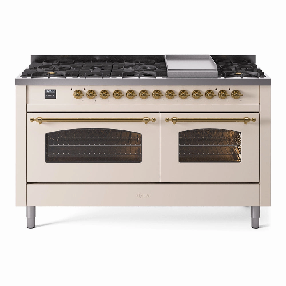 Ilve UP60FNMPAWG Nostalgie Ii 60 Inch Dual Fuel Natural Gas Freestanding Range In Antique White With Brass Trim Freestanding Ranges freestanding dual fuel range 30 inch