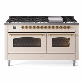 Ilve UP60FNMPAWG Nostalgie Ii 60 Inch Dual Fuel Natural Gas Freestanding Range In Antique White With Brass Trim Freestanding Ranges freestanding dual fuel range 30 inch