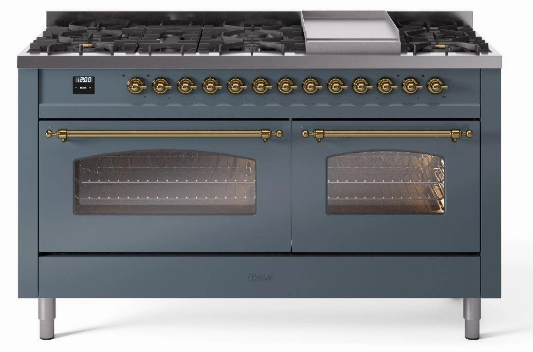 Ilve UP60FNMPBGGLP Nostalgie Ii 60 Inch Dual Fuel Liquid Propane Freestanding Range In Blue Grey With Brass Trim Freestanding Ranges freestanding dual fuel range 30 inch