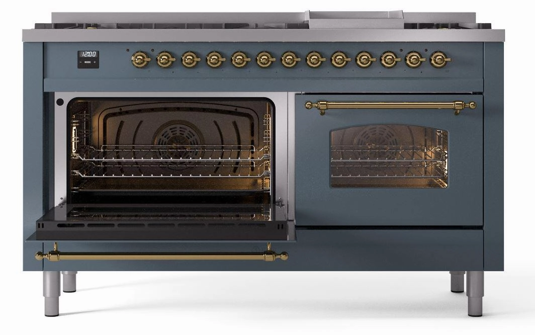 Ilve UP60FNMPBGGLP Nostalgie Ii 60 Inch Dual Fuel Liquid Propane Freestanding Range In Blue Grey With Brass Trim