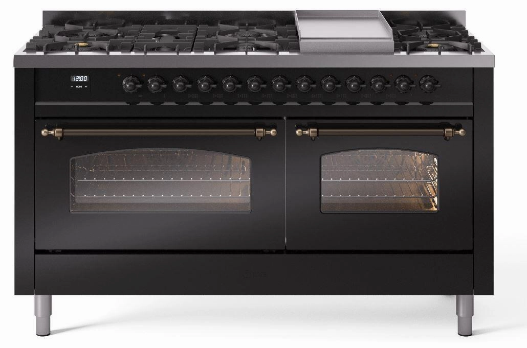 Ilve UP60FNMPBKB Nostalgie Ii 60 Inch Dual Fuel Natural Gas Freestanding Range In Glossy Black With Bronze Trim Freestanding Ranges freestanding dual fuel range 30 inch