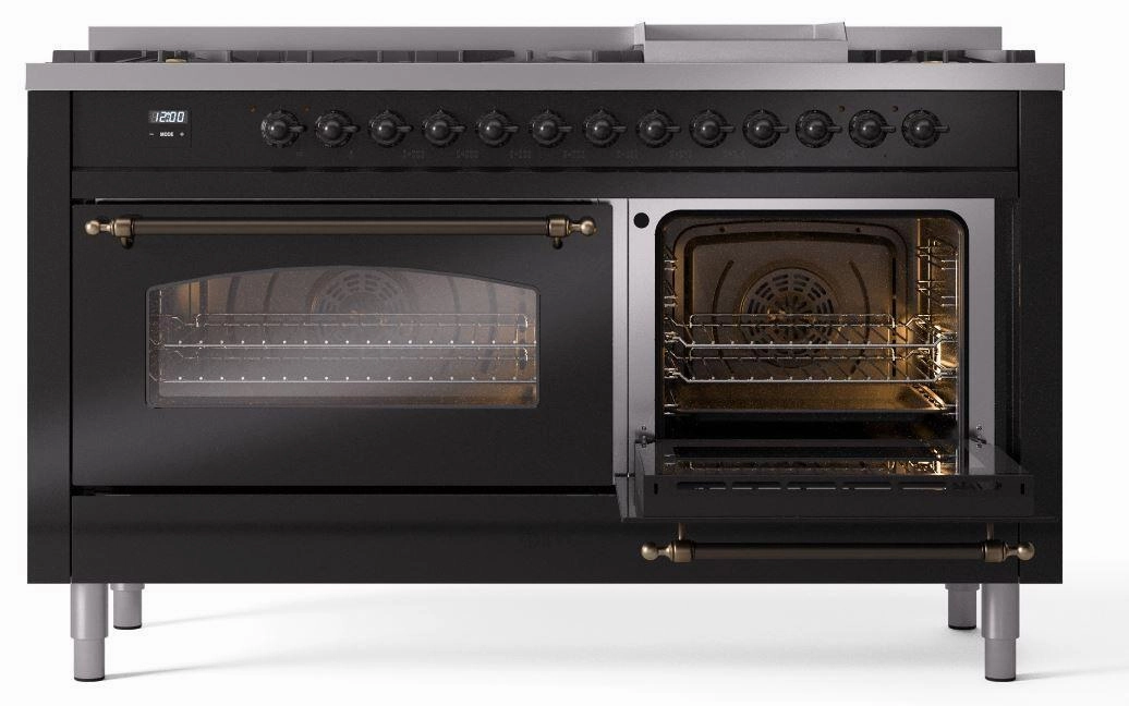 Ilve UP60FNMPBKB Nostalgie Ii 60 Inch Dual Fuel Natural Gas Freestanding Range In Glossy Black With Bronze Trim