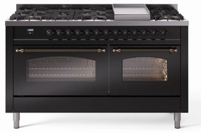 Ilve UP60FNMPBKB Nostalgie Ii 60 Inch Dual Fuel Natural Gas Freestanding Range In Glossy Black With Bronze Trim Freestanding Ranges freestanding dual fuel range 30 inch
