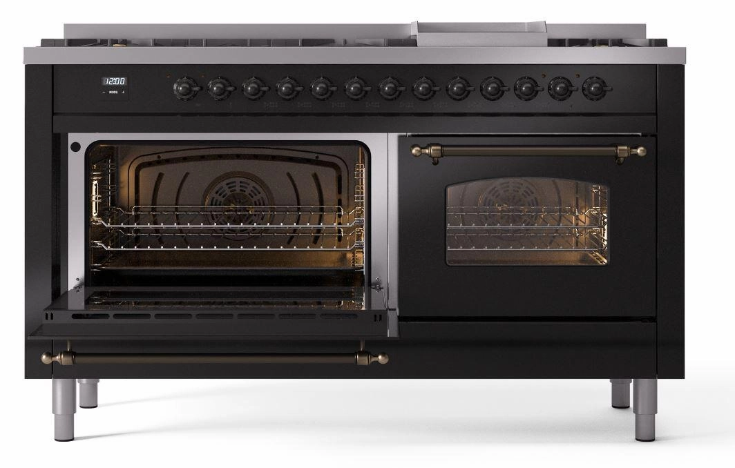 Ilve UP60FNMPBKB Nostalgie Ii 60 Inch Dual Fuel Natural Gas Freestanding Range In Glossy Black With Bronze Trim
