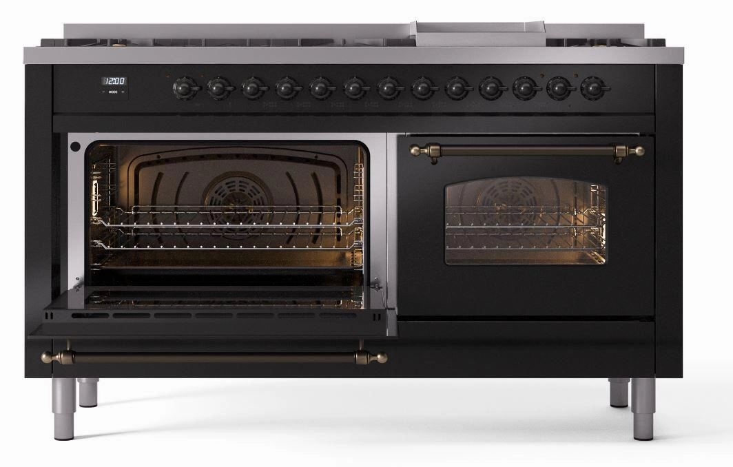 Ilve UP60FNMPBKBLP Nostalgie Ii 60 Inch Dual Fuel Liquid Propane Freestanding Range In Glossy Black With Bronze Trim