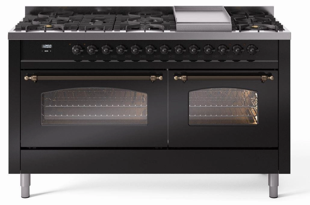 Ilve UP60FNMPBKBLP Nostalgie Ii 60 Inch Dual Fuel Liquid Propane Freestanding Range In Glossy Black With Bronze Trim Freestanding Ranges freestanding dual fuel range 30 inch
