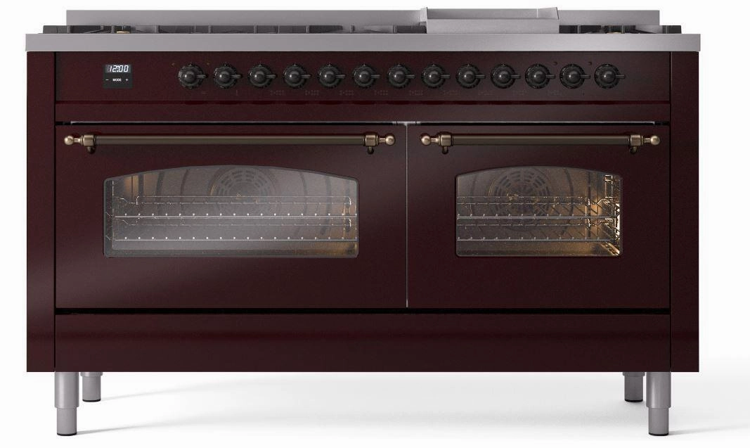 Ilve UP60FNMPBUBLP Nostalgie Ii 60 Inch Dual Fuel Liquid Propane Freestanding Range In Burgundy With Bronze Trim