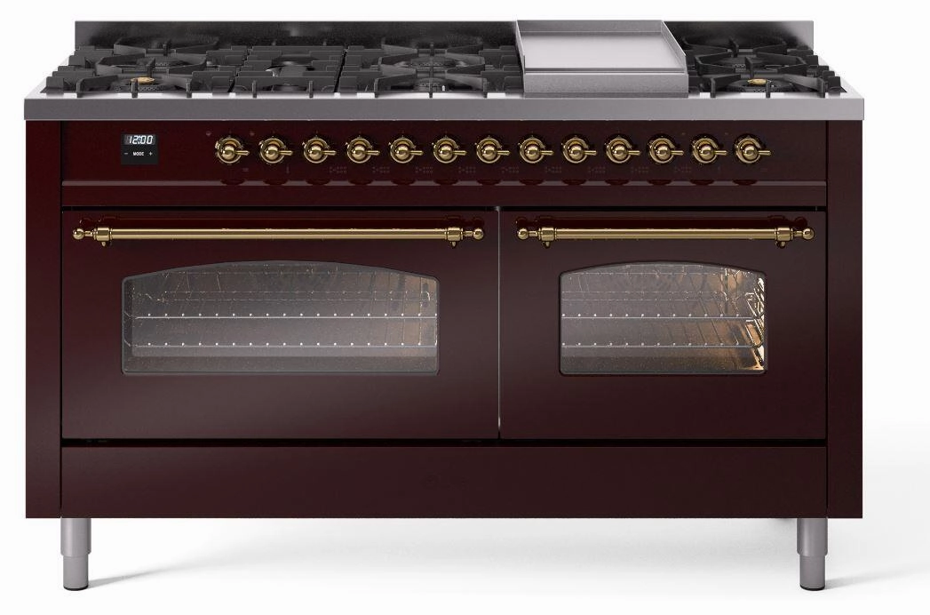 Ilve UP60FNMPBUG Nostalgie Ii 60 Inch Dual Fuel Natural Gas Freestanding Range In Burgundy With Brass Trim Freestanding Ranges freestanding dual fuel range 30 inch