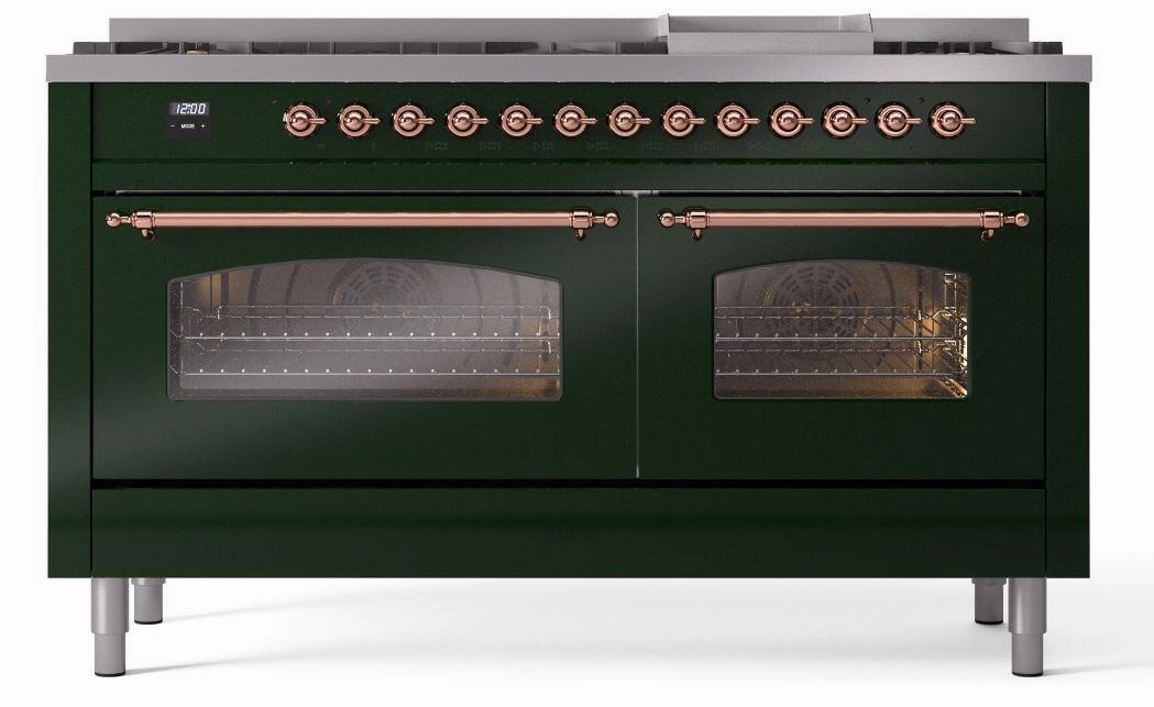 Ilve UP60FNMPEGPLP Nostalgie Ii 60 Inch Dual Fuel Liquid Propane Freestanding Range In Emerald Green With Copper Trim