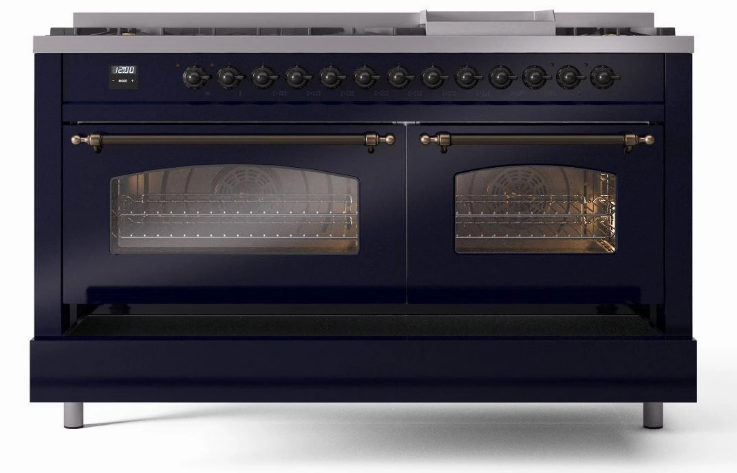 Ilve UP60FNMPMBBLP Nostalgie Ii 60 Inch Dual Fuel Liquid Propane Freestanding Range In Blue With Bronze Trim