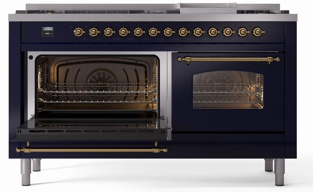 Ilve UP60FNMPMBG Nostalgie Ii 60 Inch Dual Fuel Natural Gas Freestanding Range In Blue With Brass Trim