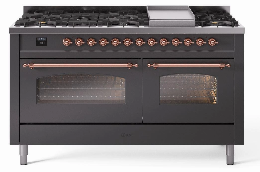 Ilve UP60FNMPMGP Nostalgie Ii 60 Inch Dual Fuel Natural Gas Freestanding Range In Matte Graphite With Copper Trim Freestanding Ranges freestanding dual fuel range 30 inch