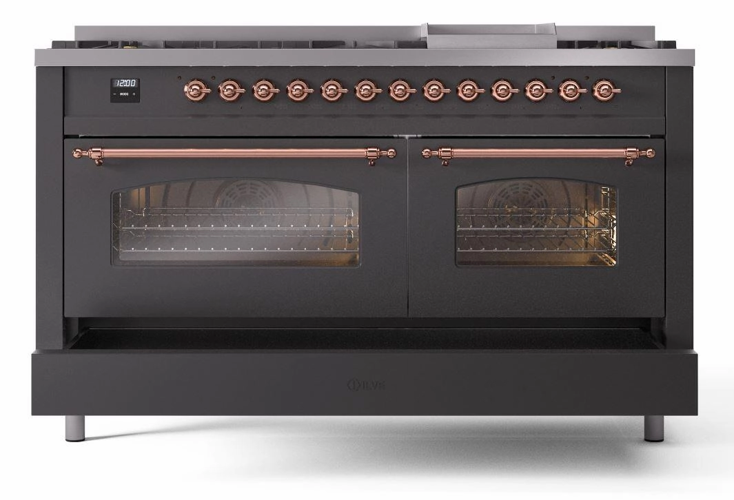 Ilve UP60FNMPMGP Nostalgie Ii 60 Inch Dual Fuel Natural Gas Freestanding Range In Matte Graphite With Copper Trim