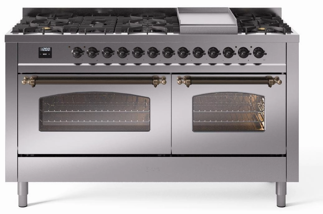 Ilve UP60FNMPSSB Nostalgie Ii 60 Inch Dual Fuel Natural Gas Freestanding Range In Stainless Steel With Bronze Trim Freestanding Ranges freestanding dual fuel range 30 inch