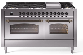 Ilve UP60FNMPSSB Nostalgie Ii 60 Inch Dual Fuel Natural Gas Freestanding Range In Stainless Steel With Bronze Trim Freestanding Ranges freestanding dual fuel range 30 inch