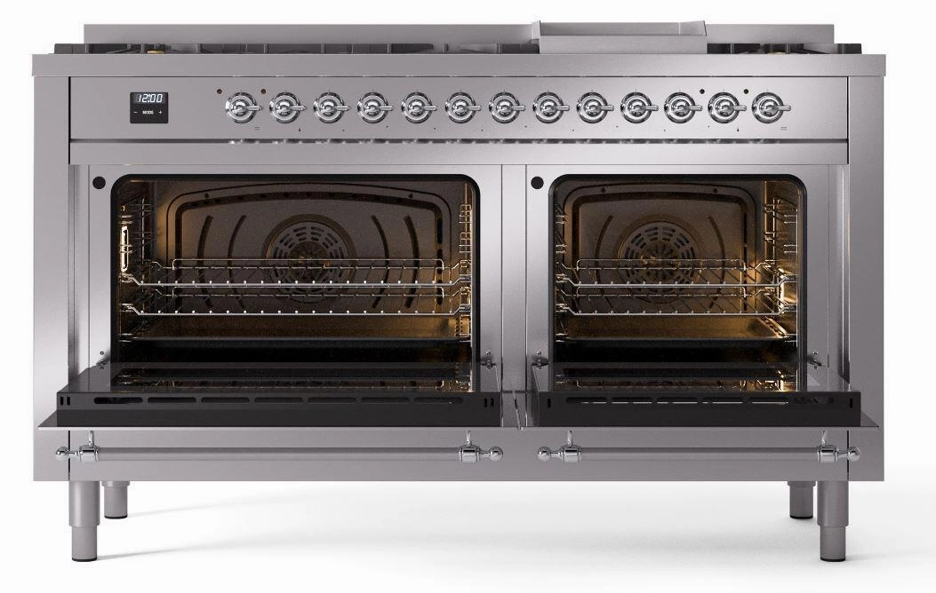 Ilve UP60FNMPSSC Nostalgie Ii 60 Inch Dual Fuel Natural Gas Freestanding Range In Stainless Steel With Chrome Trim