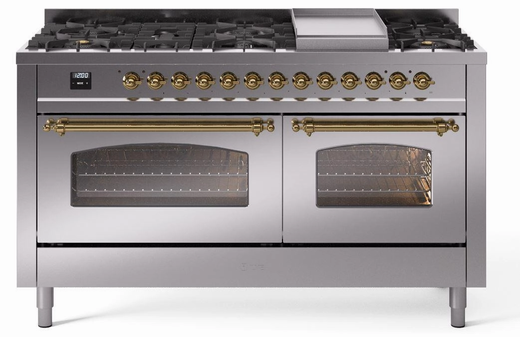 Ilve UP60FNMPSSG Nostalgie Ii 60 Inch Dual Fuel Natural Gas Freestanding Range In Stainless Steel With Brass Trim Freestanding Ranges freestanding dual fuel range 30 inch
