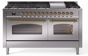 Ilve UP60FNMPSSG Nostalgie Ii 60 Inch Dual Fuel Natural Gas Freestanding Range In Stainless Steel With Brass Trim Freestanding Ranges freestanding dual fuel range 30 inch