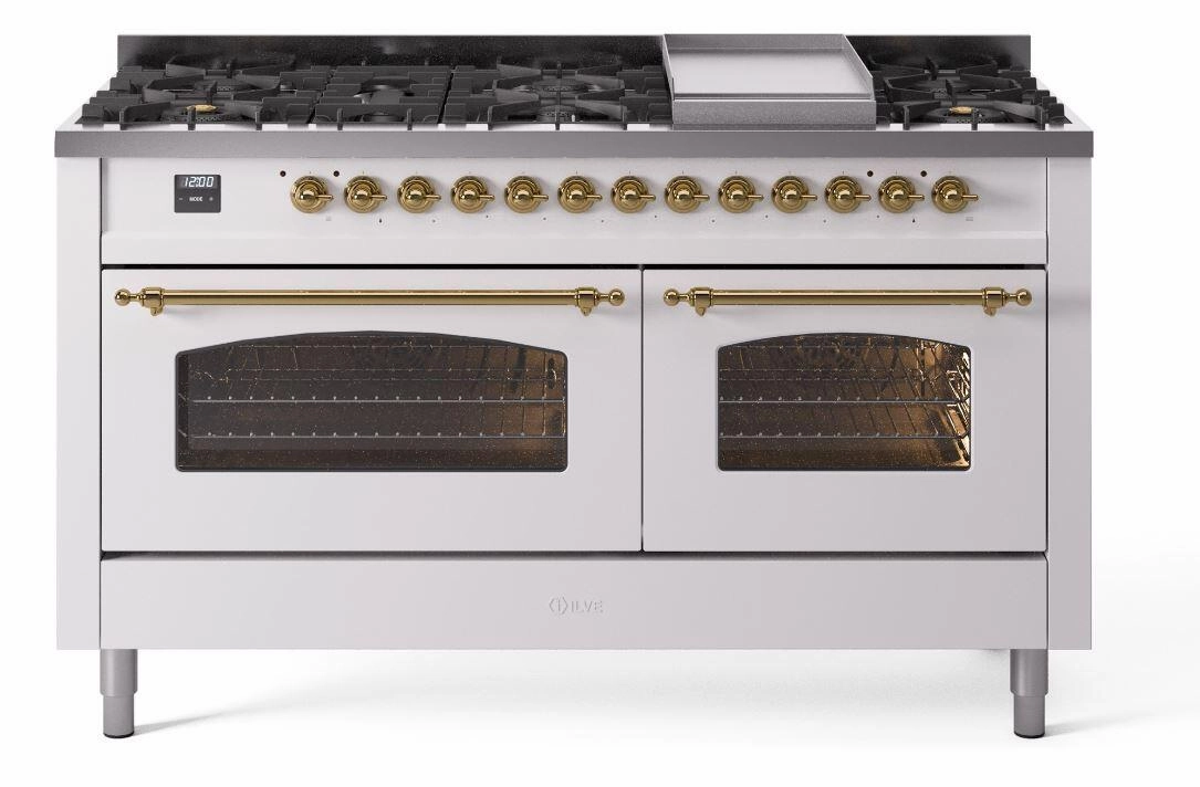 Ilve UP60FNMPWHG Nostalgie Ii 60 Inch Dual Fuel Natural Gas Freestanding Range In White With Brass Trim Freestanding Ranges freestanding dual fuel range 30 inch