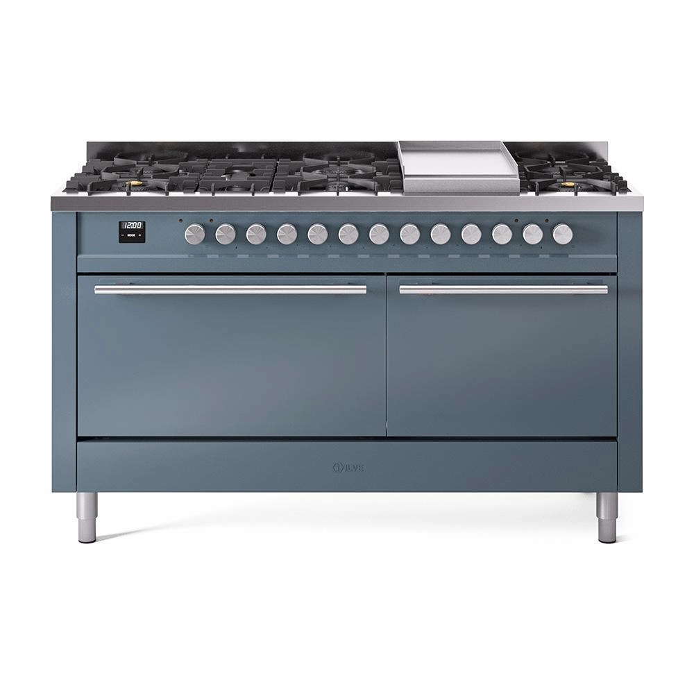 Ilve UP60FQMPBGLP Ilve Professional Plus Ii 60 Up60Fqmpbg Freestanding Dual Fuel Range With 9 Sealed Burners Double Oven With Solid Door In Blue Grey With Stainless Steel Knobs Freestanding Ranges freestanding dual fuel range 30 inch