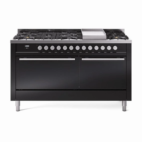 Ilve UP60FQMPBKLP Ilve Professional Plus Ii 60 Up60Fqmpbk Freestanding Dual Fuel Range With 9 Sealed Burners Double Oven With Solid Door In Glossy Black With Stainless Steel Knobs Freestanding Ranges freestanding dual fuel range 30 inch