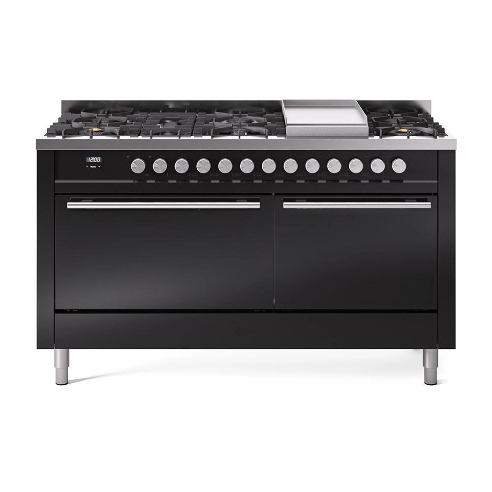 Ilve UP60FQMPBKLP Ilve Professional Plus Ii 60 Up60Fqmpbk Freestanding Dual Fuel Range With 9 Sealed Burners Double Oven With Solid Door In Glossy Black With Stainless Steel Knobs Freestanding Ranges freestanding dual fuel range 30 inch