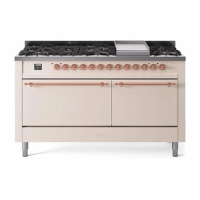 Ilve UP60FQNMPAWP Ilve Nostalgie Ii 60 Up60Fqnmpawp Freestanding Dual Fuel Range With 9 Sealed Burners Double Oven With Solid Door In Antique White With Copper Knobs Freestanding Ranges freestanding dual fuel range 30 inch