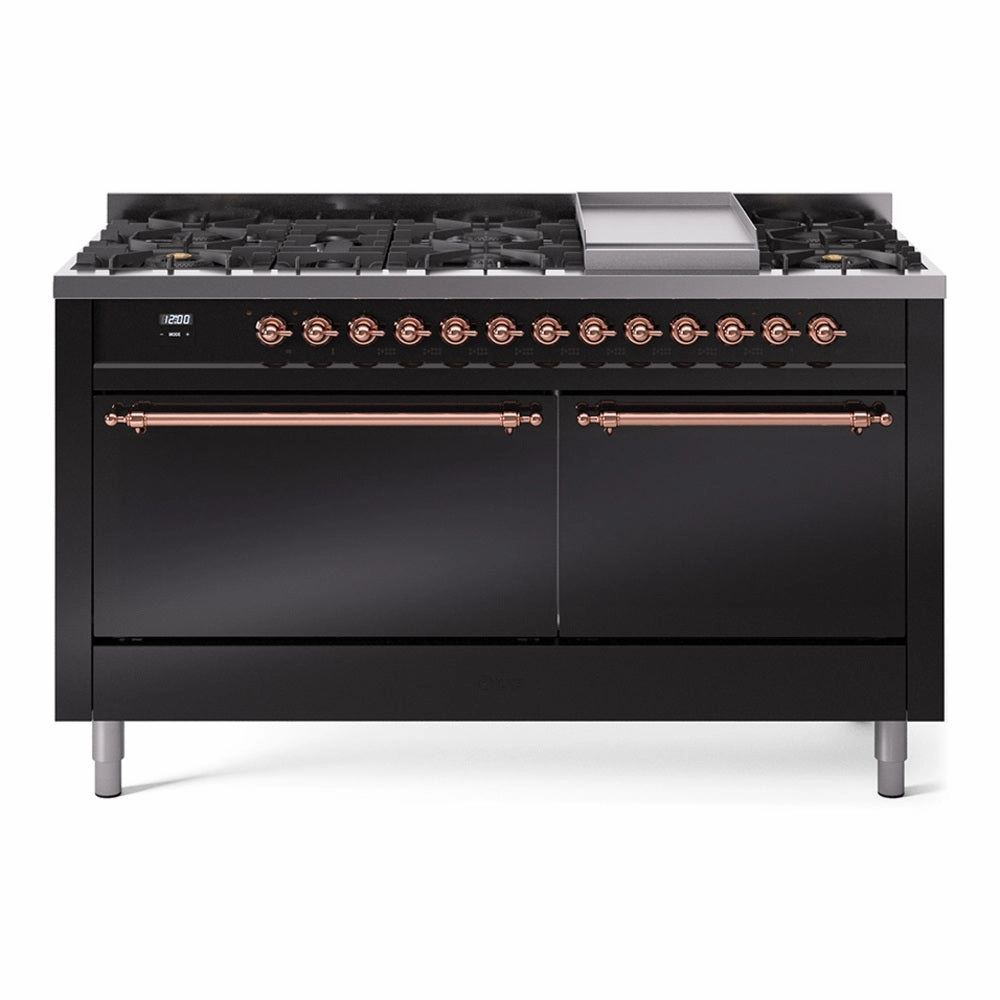 Ilve UP60FQNMPBKP Nostalgie Ii 60 Inch Dual Fuel Natural Gas Freestanding Range In Glossy Black With Copper Trim Freestanding Ranges freestanding dual fuel range 30 inch
