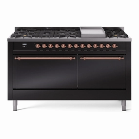 Ilve UP60FQNMPBKP Nostalgie Ii 60 Inch Dual Fuel Natural Gas Freestanding Range In Glossy Black With Copper Trim Freestanding Ranges freestanding dual fuel range 30 inch