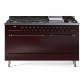 Ilve UP60FQNMPBUB Nostalgie Ii 60 Inch Dual Fuel Natural Gas Freestanding Range In Burgundy With Bronze Trim Freestanding Ranges freestanding dual fuel range 30 inch