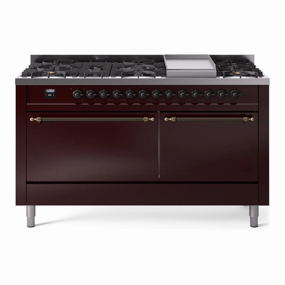 Ilve UP60FQNMPBUB Nostalgie Ii 60 Inch Dual Fuel Natural Gas Freestanding Range In Burgundy With Bronze Trim Freestanding Ranges freestanding dual fuel range 30 inch