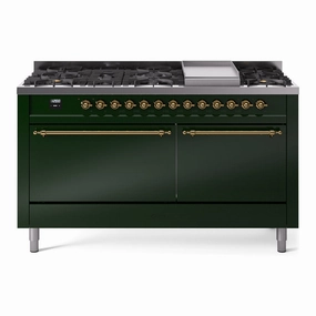 Ilve UP60FQNMPEGGLP Nostalgie Ii 60 Inch Dual Fuel Liquid Propane Freestanding Range In Emerald Green With Brass Trim Freestanding Ranges freestanding dual fuel range 30 inch