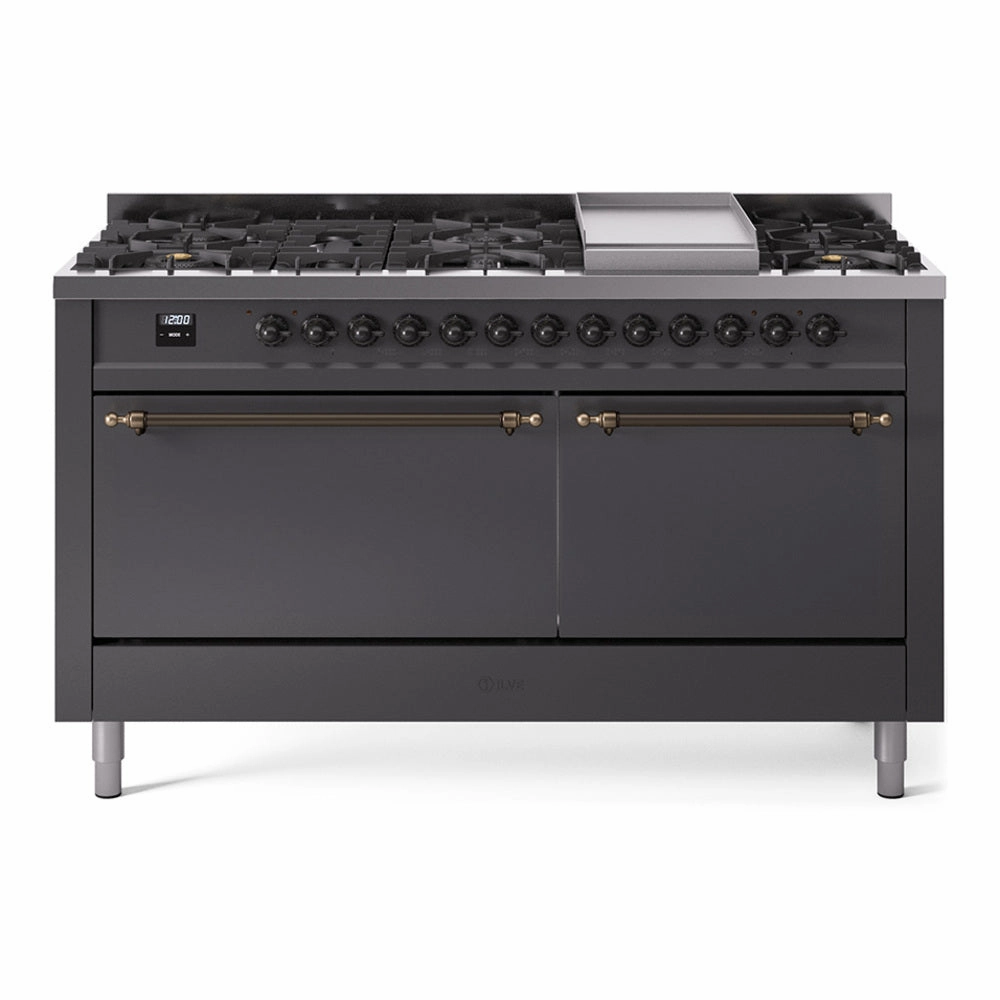 Ilve UP60FQNMPMGB Nostalgie Ii 60 Inch Dual Fuel Natural Gas Freestanding Range In Matte Graphite With Bronze Trim Freestanding Ranges freestanding dual fuel range 30 inch