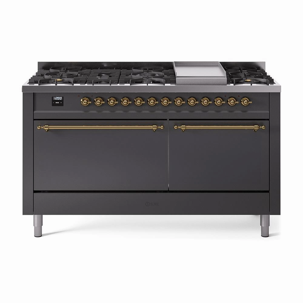 Ilve UP60FQNMPMGG Ilve Nostalgie Ii 60 Up60Fqnmpmgg Freestanding Dual Fuel Range With 9 Sealed Burners Double Oven With Solid Door In Graphite Matte With Brass Knobs Freestanding Ranges freestanding dual fuel range 30 inch