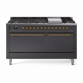 Ilve UP60FQNMPMGG Ilve Nostalgie Ii 60 Up60Fqnmpmgg Freestanding Dual Fuel Range With 9 Sealed Burners Double Oven With Solid Door In Graphite Matte With Brass Knobs Freestanding Ranges freestanding dual fuel range 30 inch
