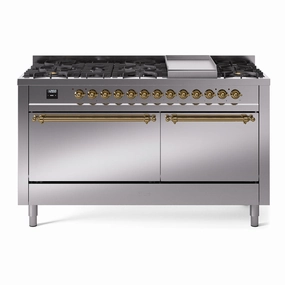 Ilve UP60FQNMPSSG Nostalgie Ii 60 Inch Dual Fuel Natural Gas Freestanding Range In Stainless Steel With Brass Trim Freestanding Ranges freestanding dual fuel range 30 inch