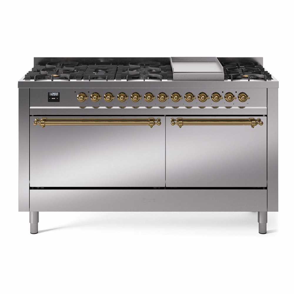 Ilve UP60FQNMPSSG Nostalgie Ii 60 Inch Dual Fuel Natural Gas Freestanding Range In Stainless Steel With Brass Trim Freestanding Ranges freestanding dual fuel range 30 inch