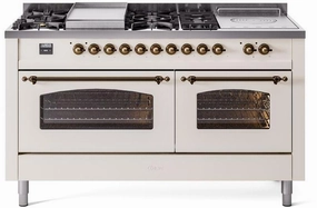 Ilve UP60FSNMPAWBLP Nostalgie Ii 60 Inch Dual Fuel Liquid Propane Freestanding Range In Antique White With Bronze Trim Freestanding Ranges freestanding dual fuel range 30 inch